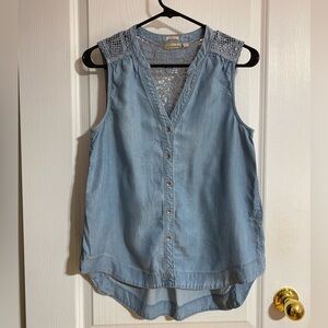 Anthropologie Holding Horses Chambray Crochet Buttoned Sleeveless Blue Top Size4